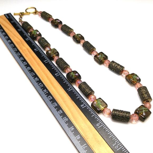 Handmade Art Bead Necklace,  Pink Czech Beads, Brass Barrel Bead, Handmade, 20" - Picture 8 of 8